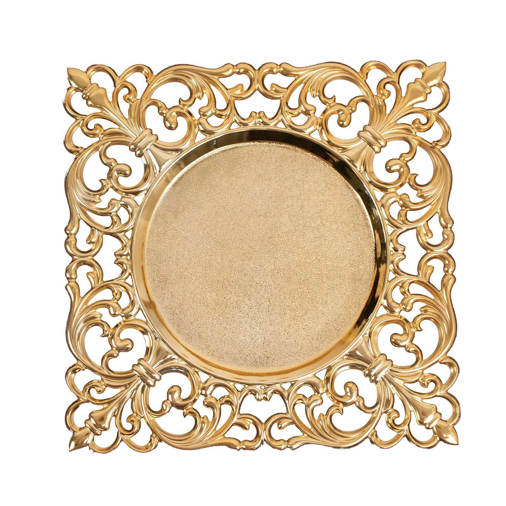 6-Pack Acrylic Charger Plates 12" Square Gold with Hollow Lace Border - Event Tabletop Decorative Charger Tableware