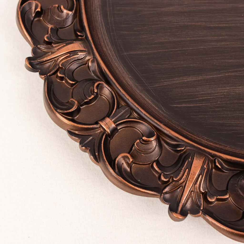 6-Pack Acrylic Charger Plates 13" Round Dark Brown with Aristocrat Retro Baroque Rim - Ornate Plastic Decorative Chargers